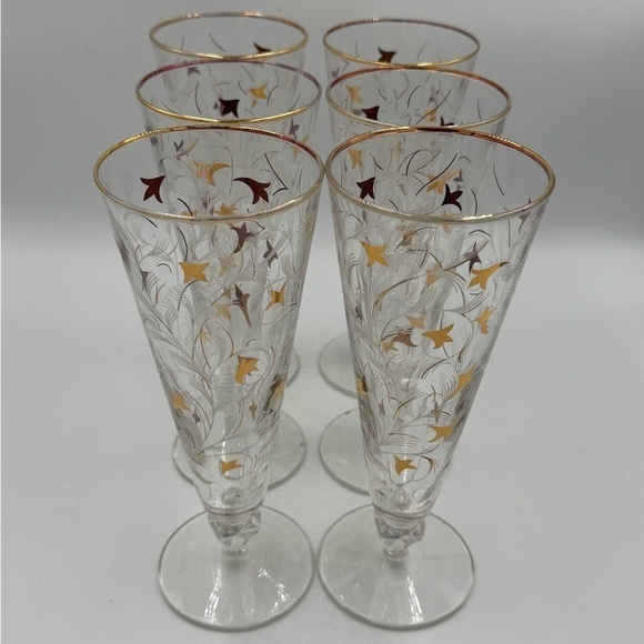 Vintage Libbey MCM Royal Fern Gold/White Pilsner Glasses Set of 6 - Picture 2 of 5